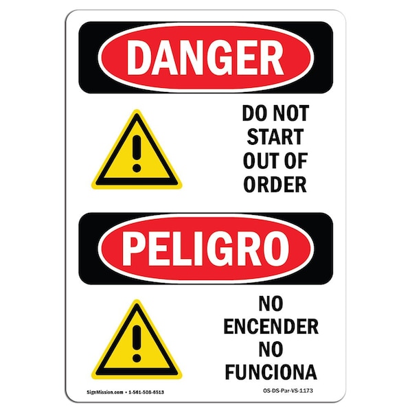 Safety Sign, OSHA Danger, 24" Height, Aluminum, Do Not Start Out Of Order Bilingual Spanish